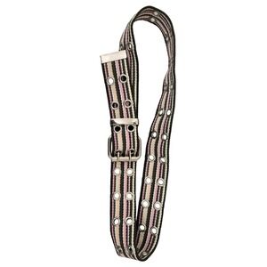 Striped Canvas Grommet Belt Silver Buckle Women Casual Accessory Y2K Skater Fun